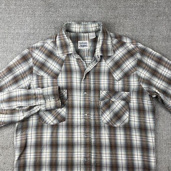 Levis Mens Shirt Large Western Pearl Snap Long Sleeve Cowboy Rodeo L Brown Plaid - Picture 1 of 15